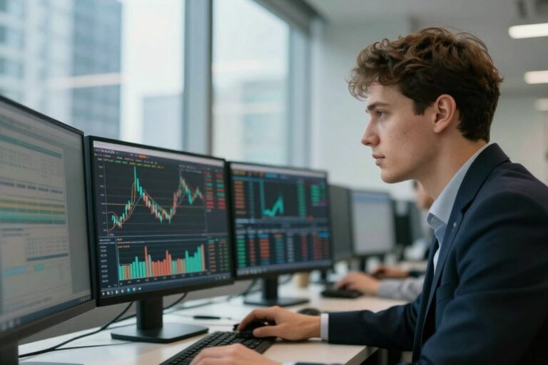 Jeune trader concentré devant ordinateurs en bureau lumineux