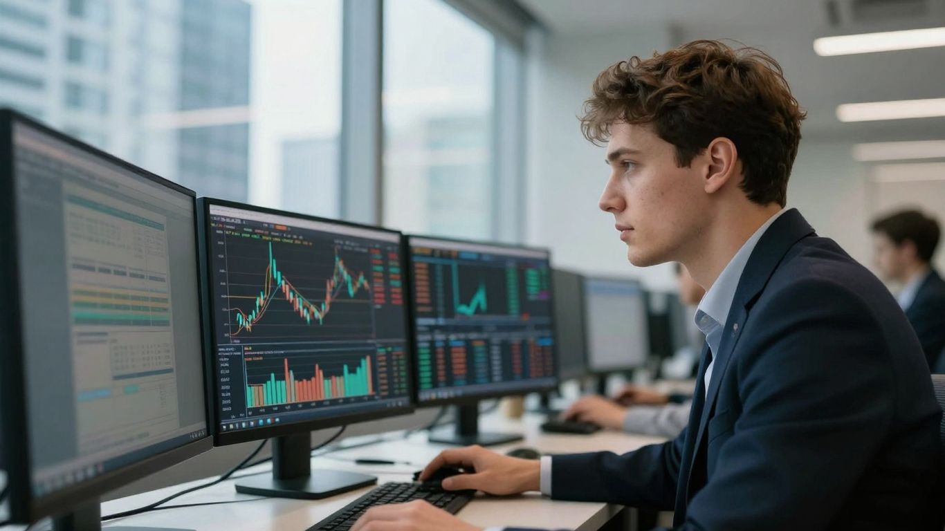 Jeune trader concentré devant ordinateurs en bureau lumineux