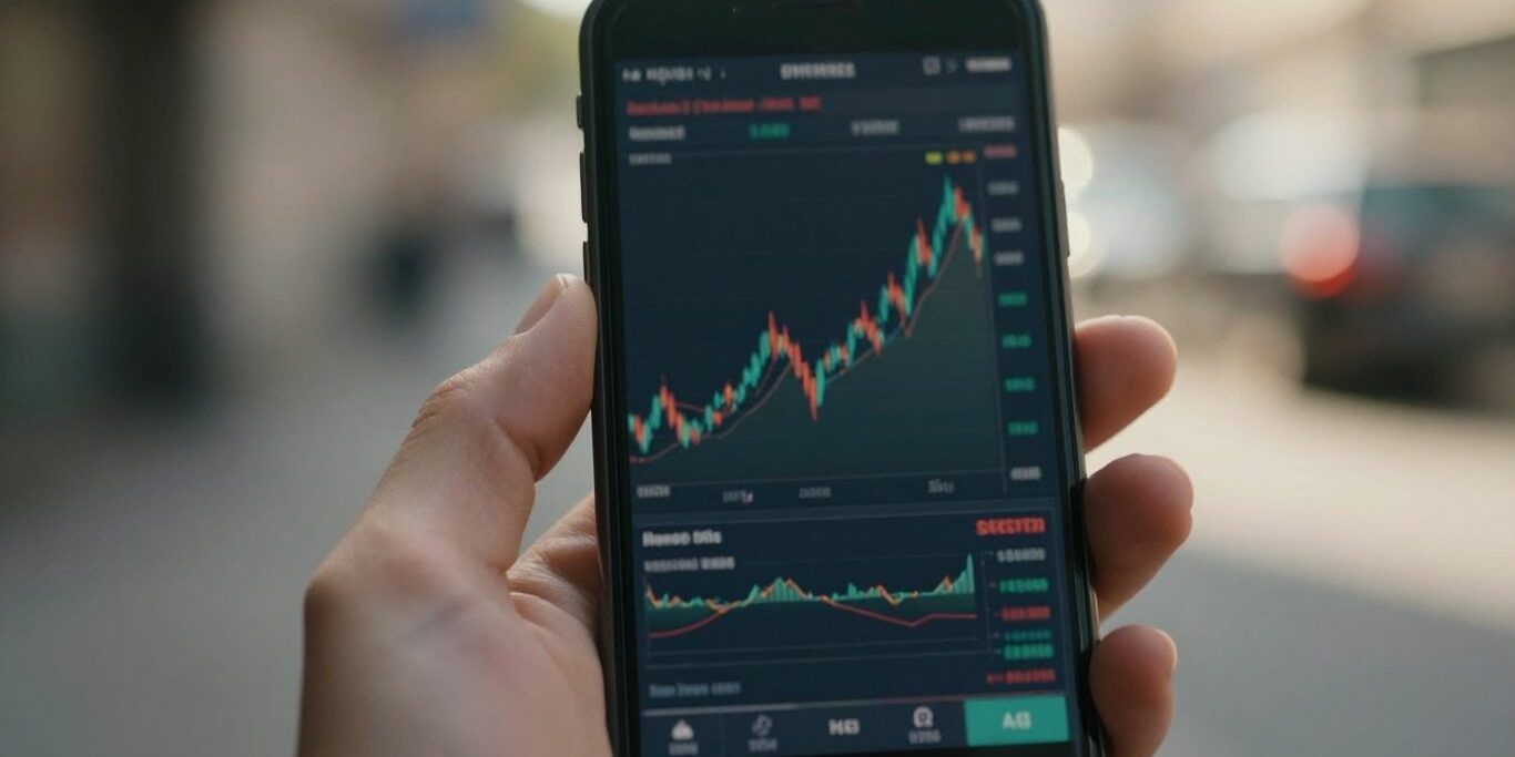 Main d'un trader avec un smartphone affichant des ETF.