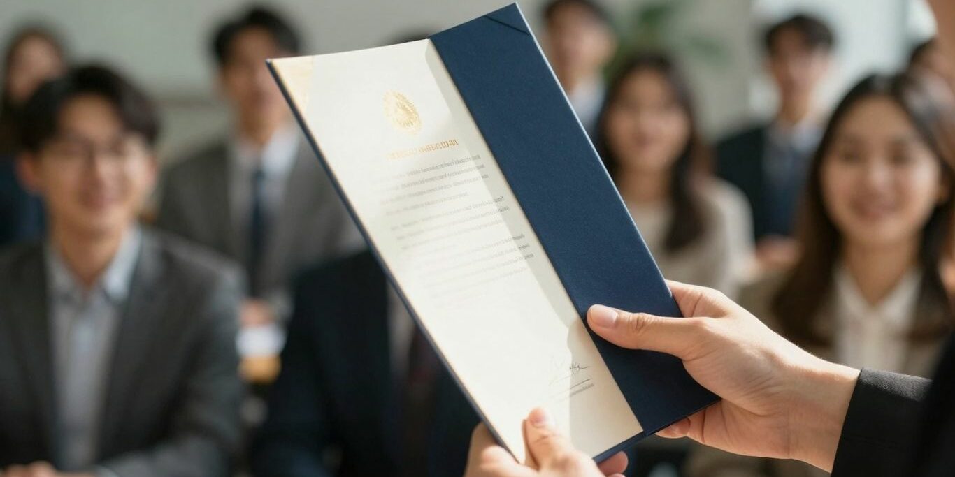 Main d'une personne tenant un diplôme, avec des gens en arrière-plan.