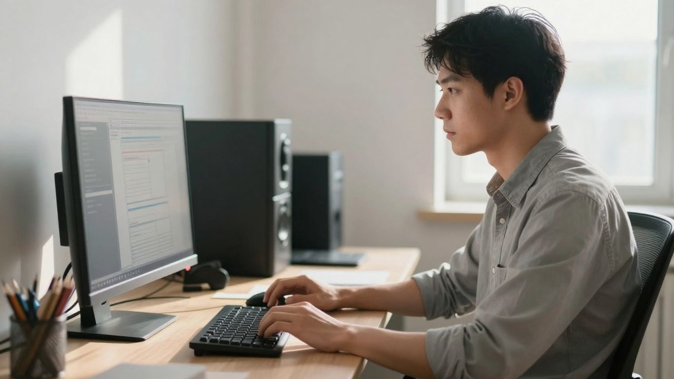 Trader concentré dans un bureau organisé.