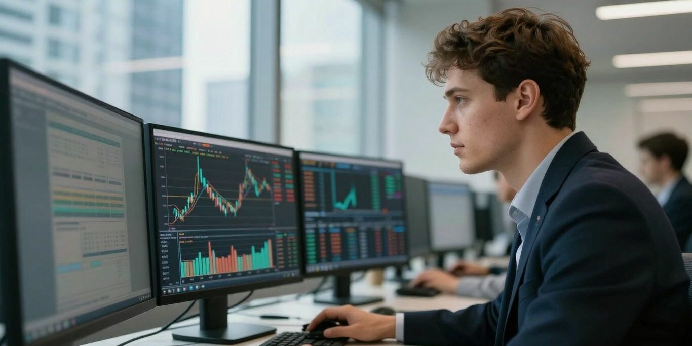 Jeune trader concentré devant ordinateurs en bureau lumineux