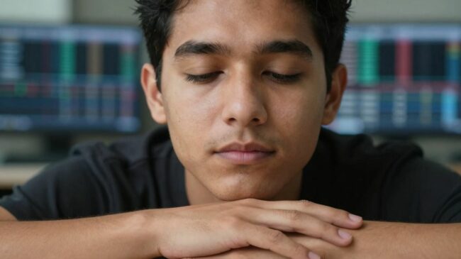 Visage calme et concentré d'un trader.