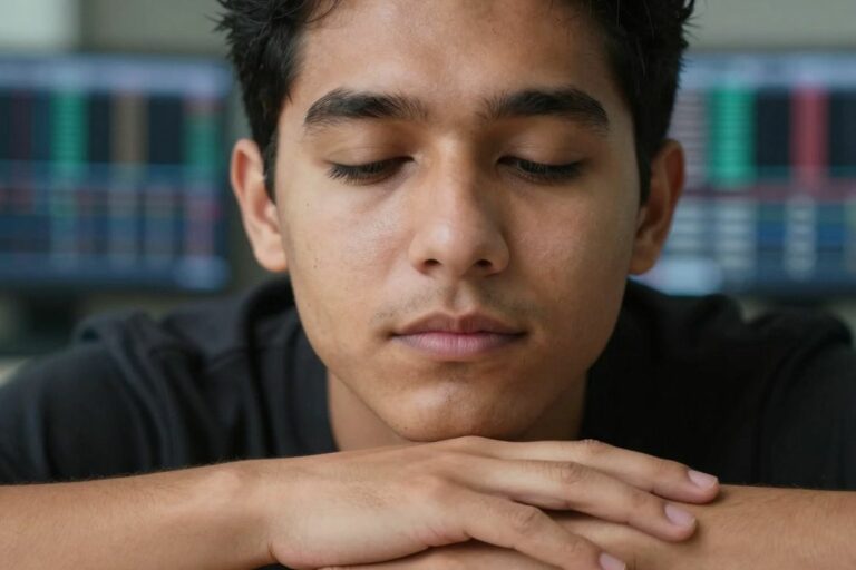 Visage calme et concentré d'un trader.