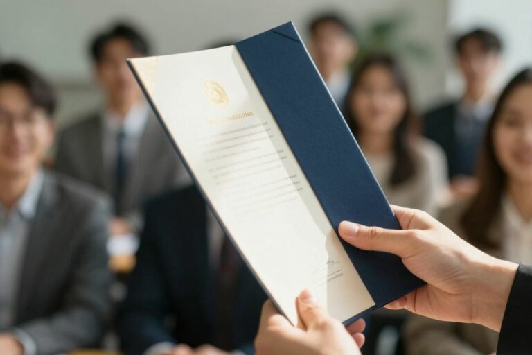 Main d'une personne tenant un diplôme, avec des gens en arrière-plan.