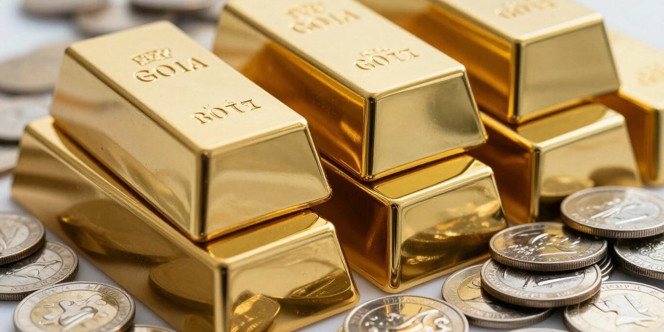 Lingots d'or et pièces d'argent sur un fond sombre.