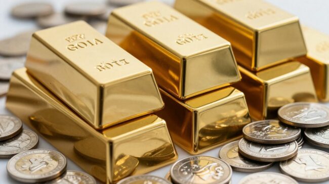 Lingots d'or et pièces d'argent sur un fond sombre.