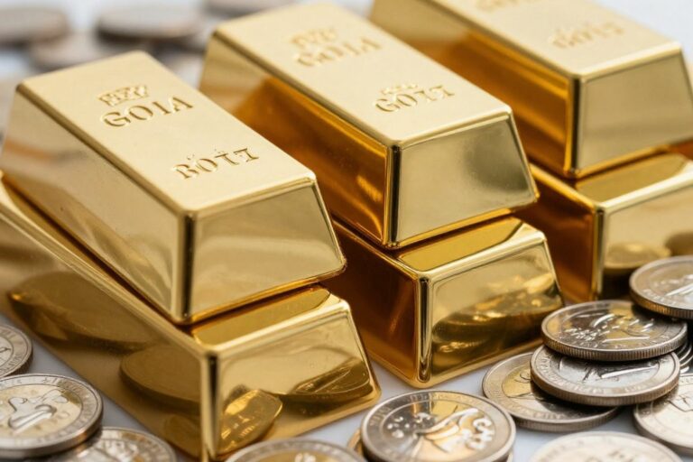 Lingots d'or et pièces d'argent sur un fond sombre.