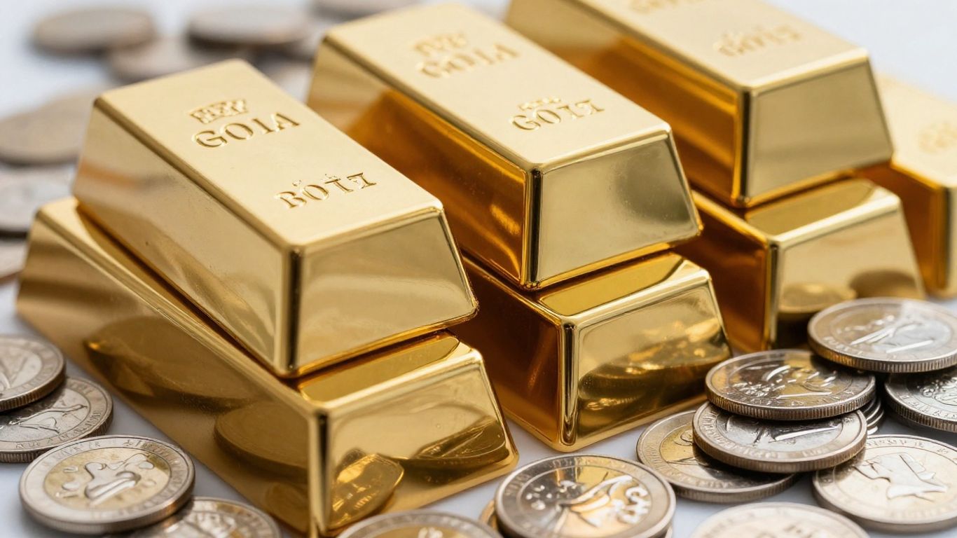 Lingots d'or et pièces d'argent sur un fond sombre.