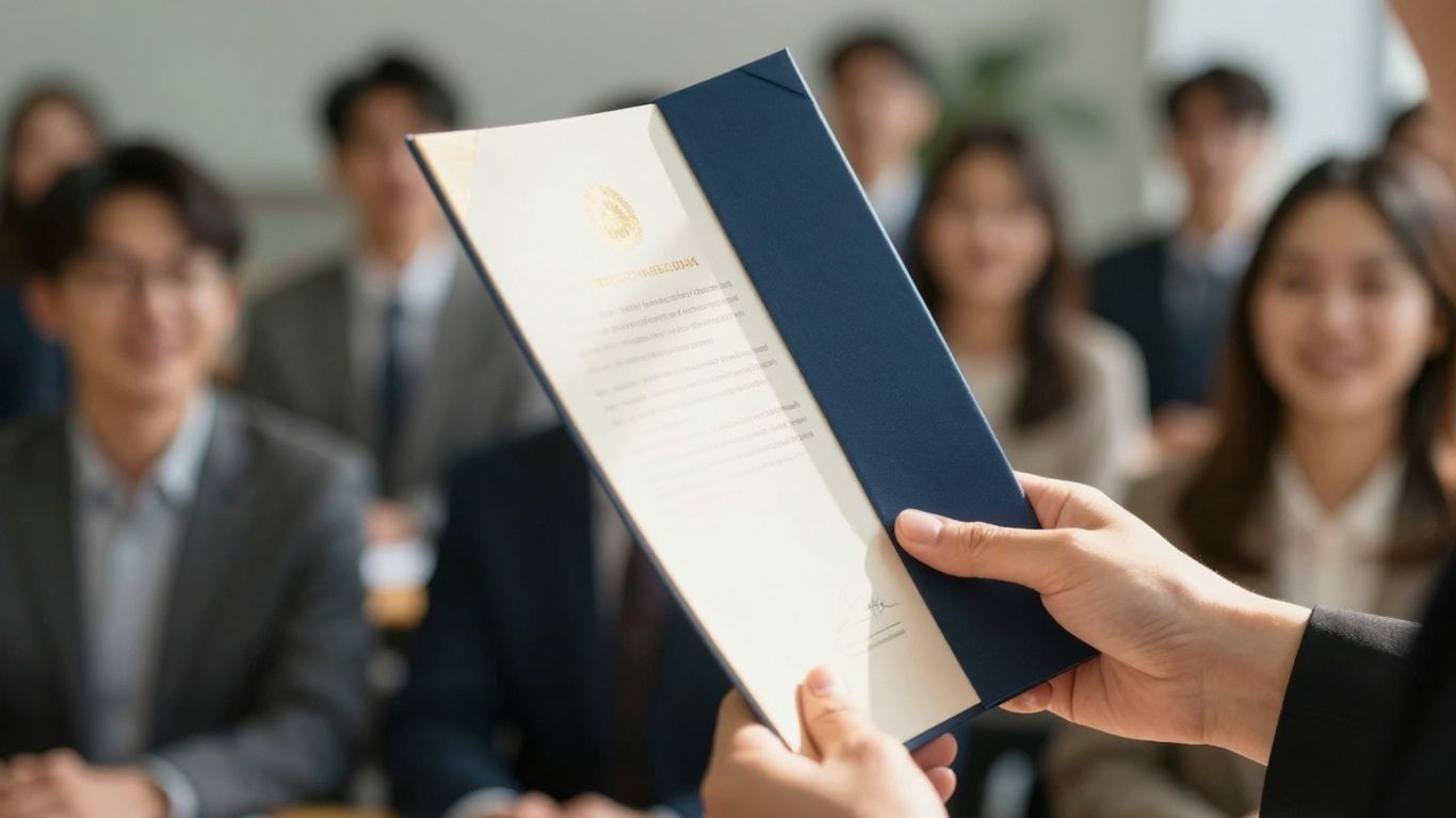 Main d'une personne tenant un diplôme, avec des gens en arrière-plan.